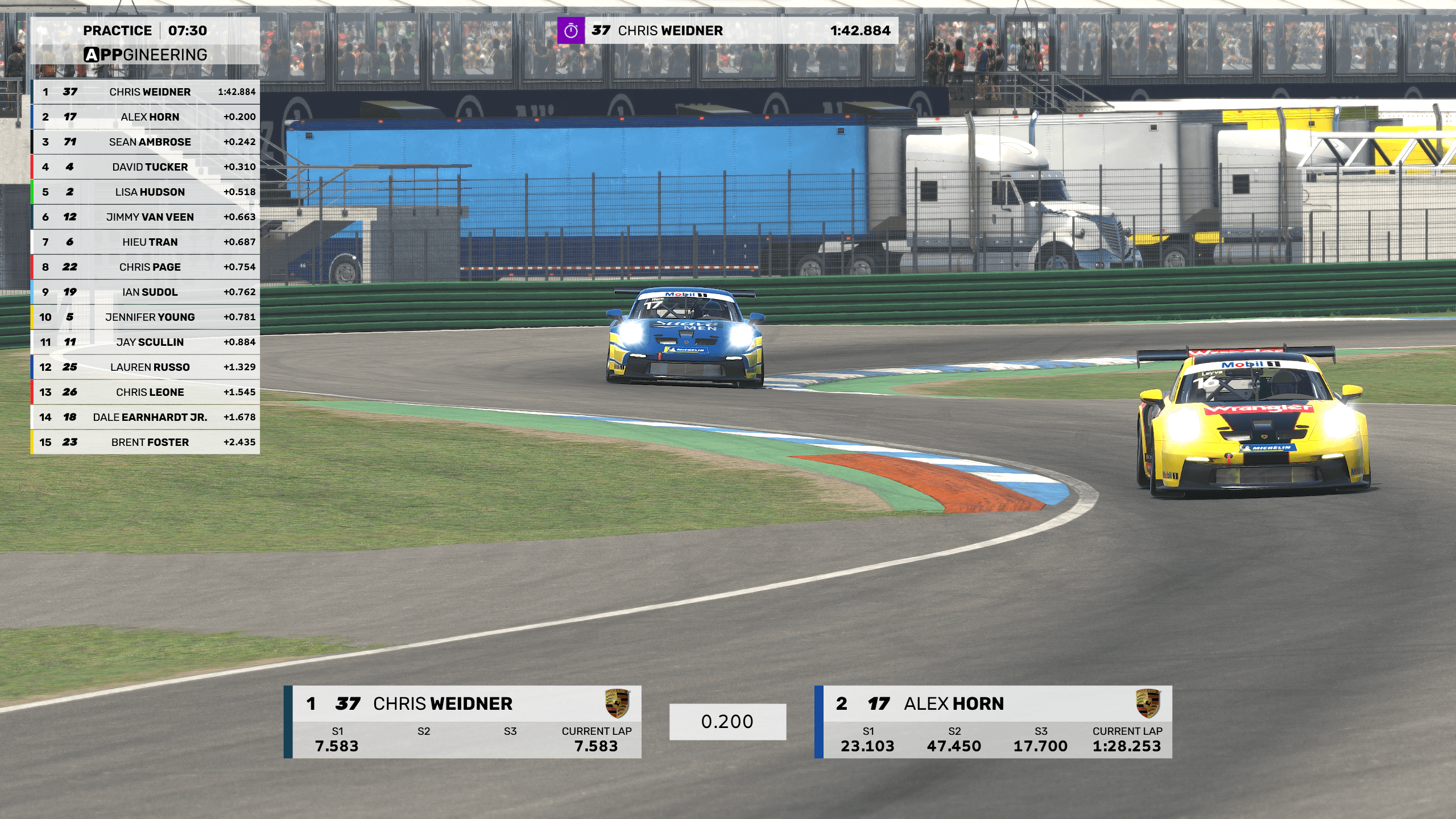 ATVO Theme 2023 in its light color scheme, showing the timing tower and driver name strip over an iRacing race.