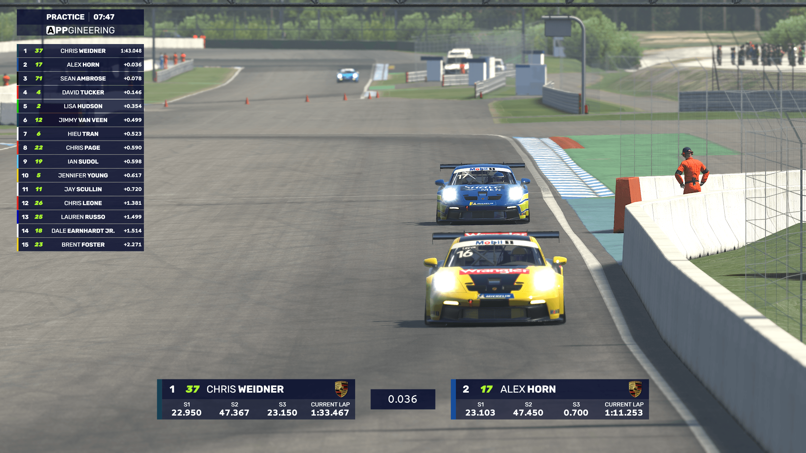 ATVO Theme 2023 in its midnight color scheme, showing the timing tower and driver name strip over an iRacing race.