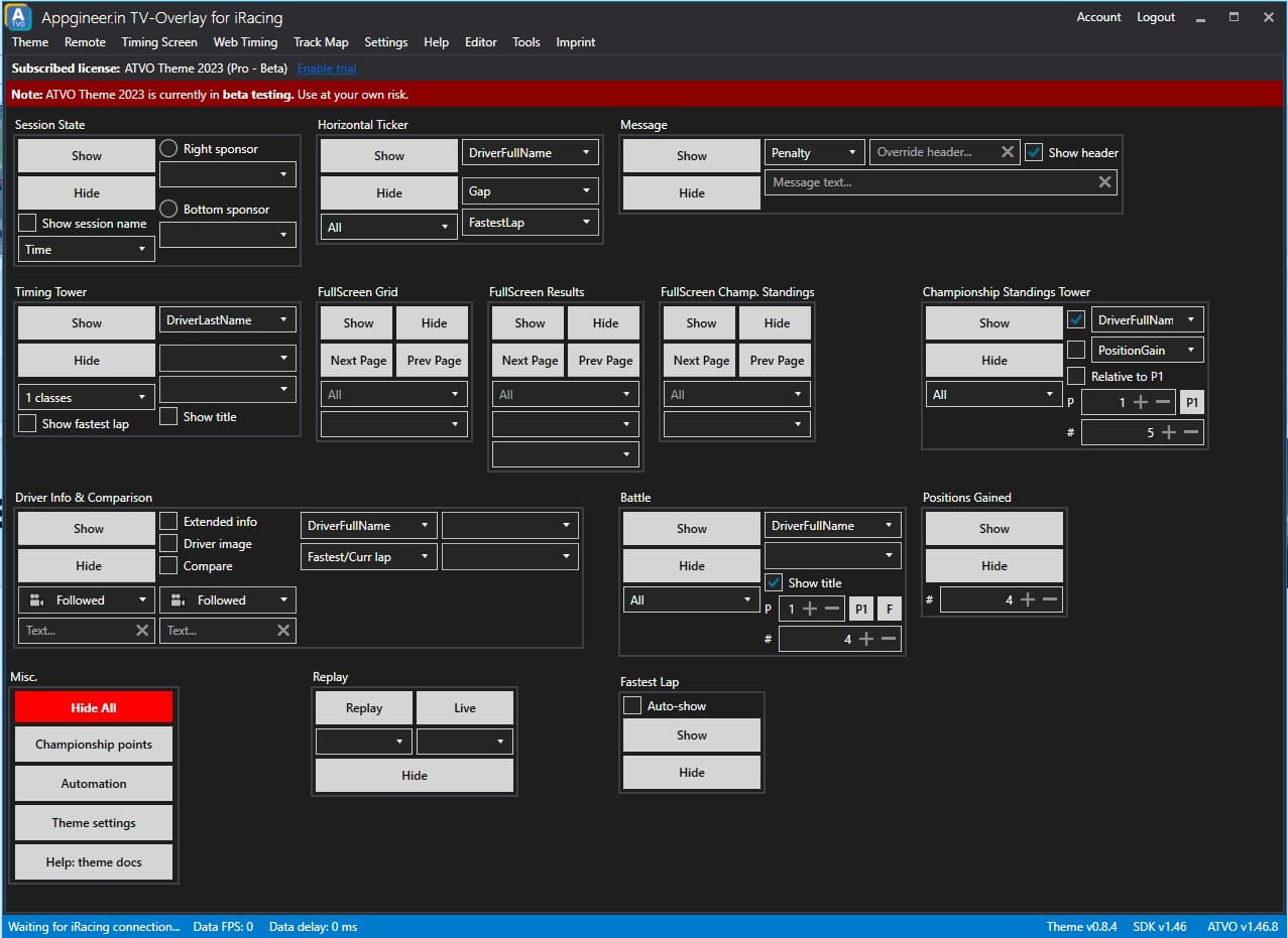 The ATVO Theme Control window, used to switch color schemes and toggle widgets during a broadcast.